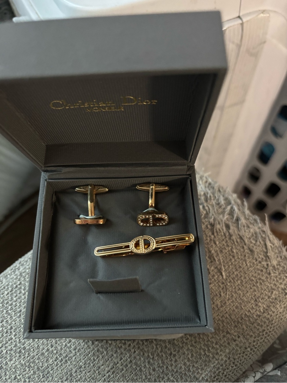 Dior Gold Tone Cufflinks and Tie Bar Set
